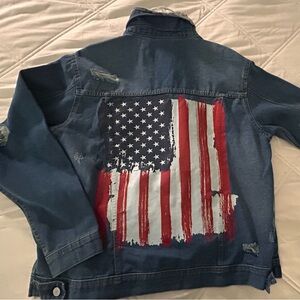 Women's Dark Blue Distressed Denim Jacket-  EUA Flag